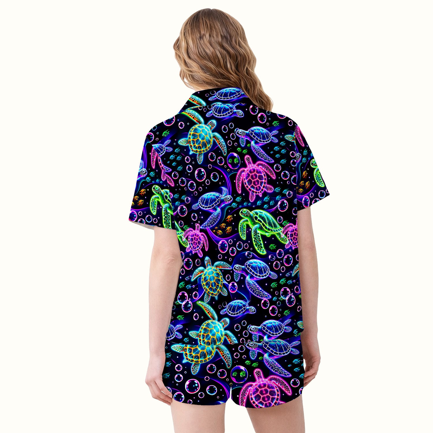 Neon Sea Turtle Swimming Bubble Ocean Pajama Set, Breathable Fabrics Uniform