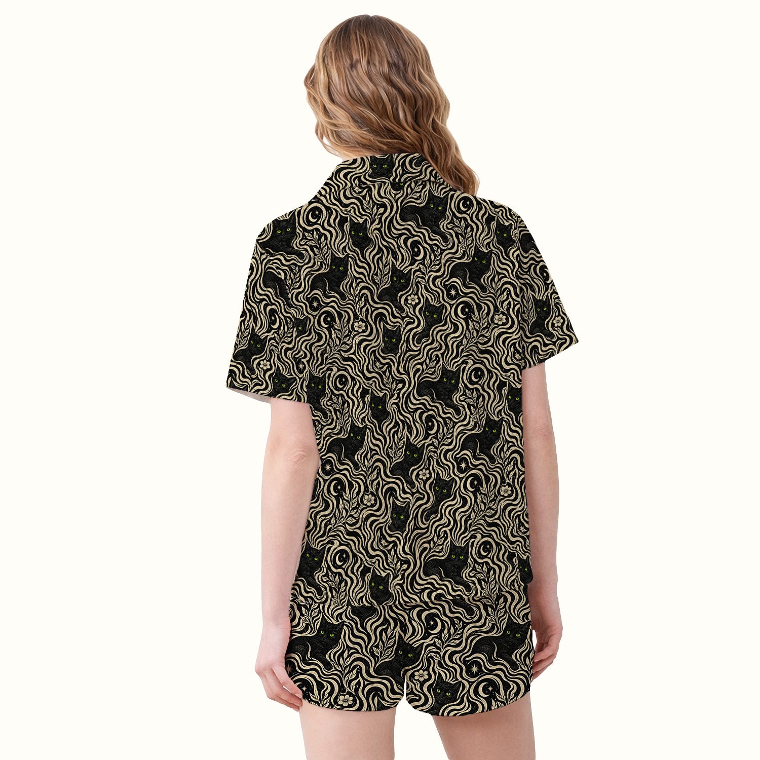 Mystical Black Cat Moonlit Pattern Pajama Set, Soft Breathable Fabric Comfortable Sleepwear