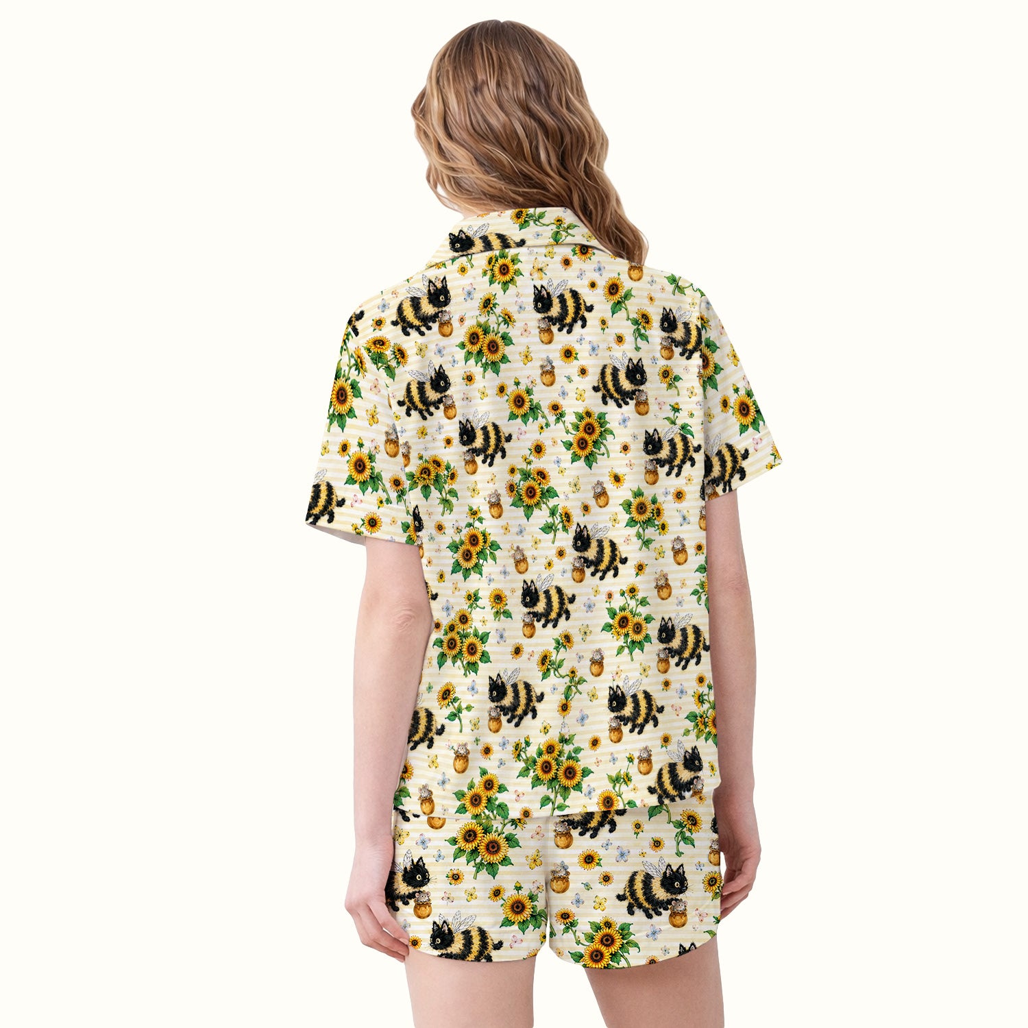 Cute Bumblebee Cat Sunflower Pattern Pajama Set, Soft Breathable Fabric Comfortable Sleepwear