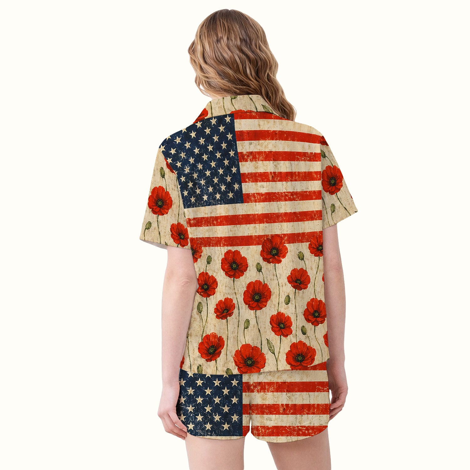 Patriotic American Flag Poppy Flower Pattern Pajama Set, Soft Breathable Fabric Comfortable Sleepwear