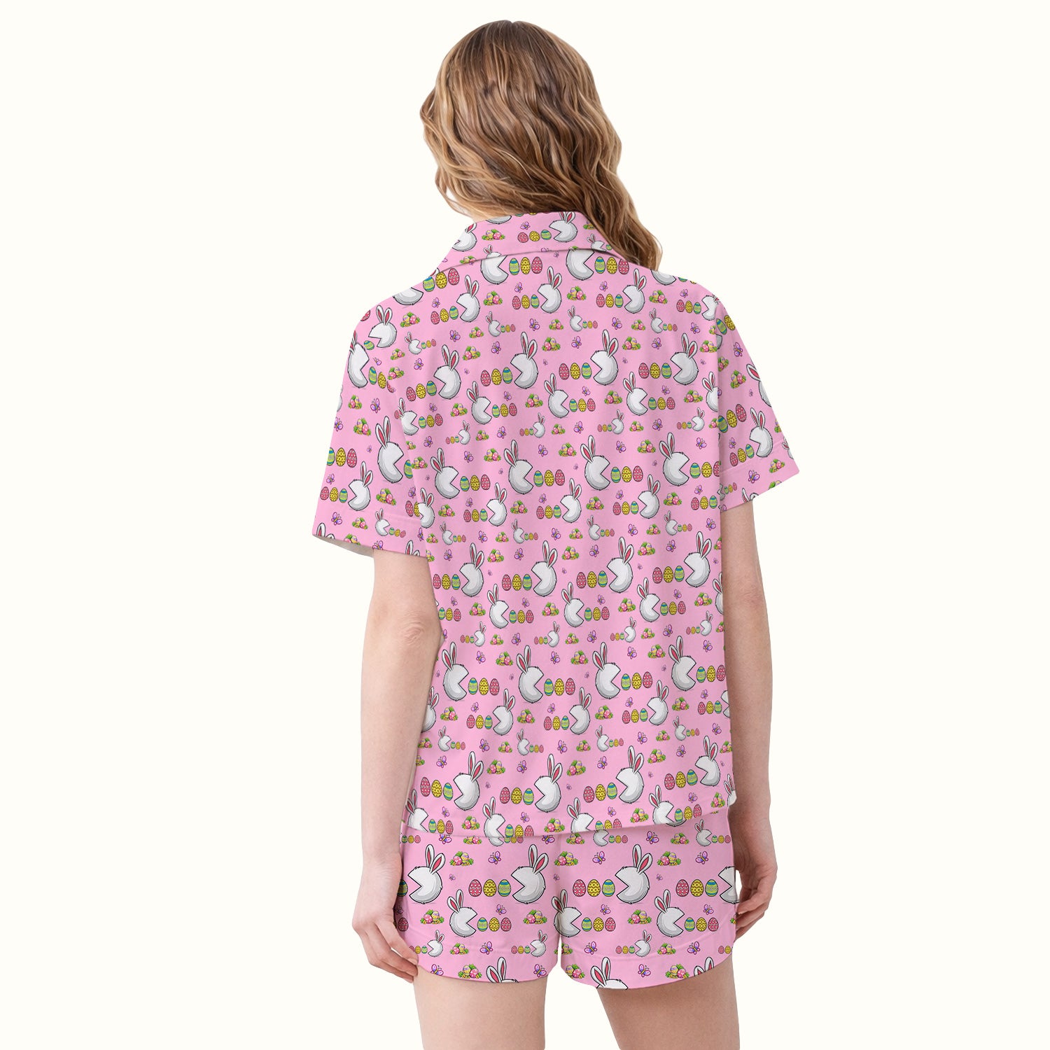 Easter Bunny and Colorful Eggs Print  Pajama Set, Breathable Fabrics Uniform