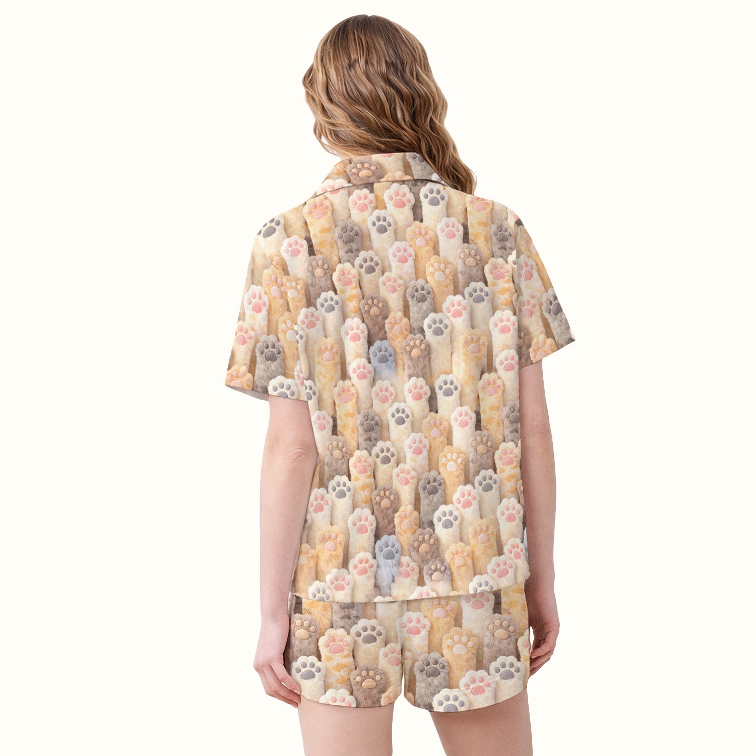 Cute Fluffy Cat Paw Print Pajama Set, Soft Breathable Fabric Comfortable Sleepwear