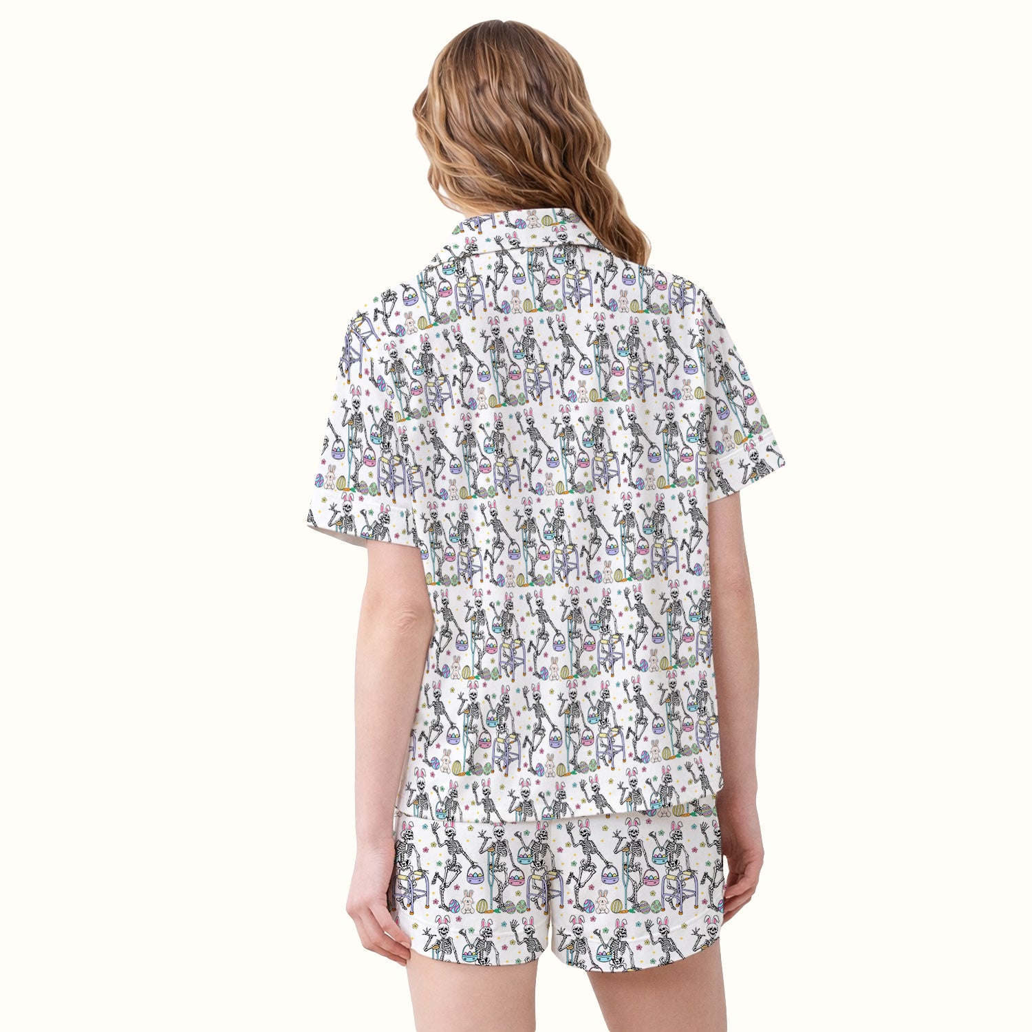 Fun Skeleton Bunny Easter Print Pajama Set, Breathable Fabrics Uniform
