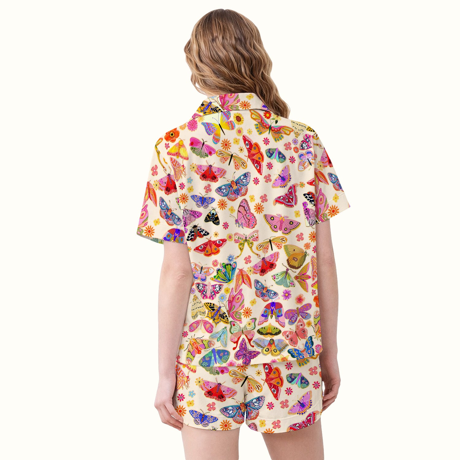 Colorful Butterfly Floral Pattern Pajama Set, Soft Breathable Fabric Comfortable Sleepwear