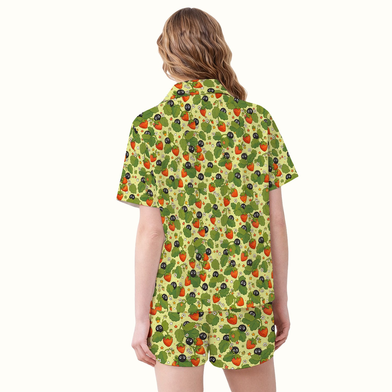 Cute Strawberry Soot Sprite Pattern Pajama Set, Soft Breathable Fabric Comfortable Sleepwear