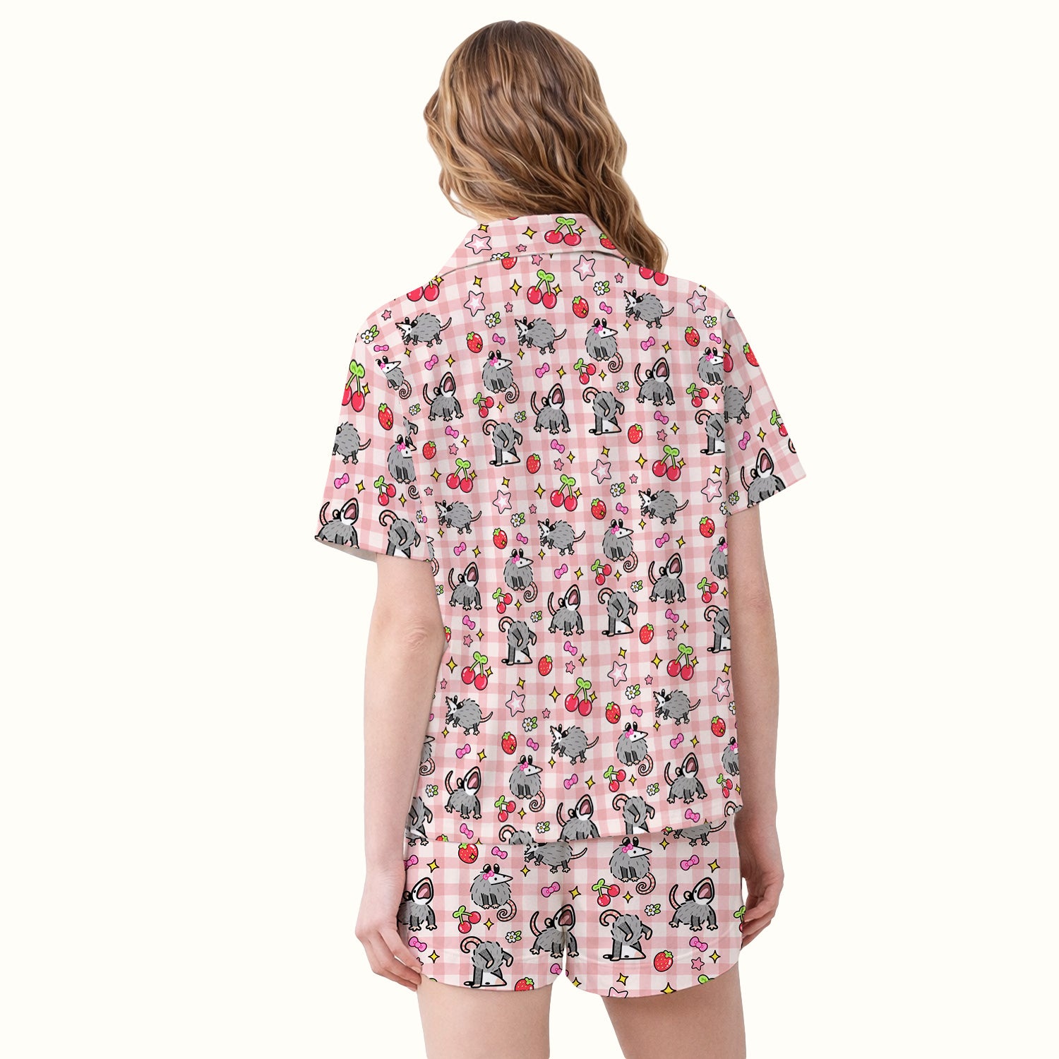 Cute Opossum And Cherries Gingham Pattern Pajama Set, Soft Breathable Fabric Comfortable Sleepwear