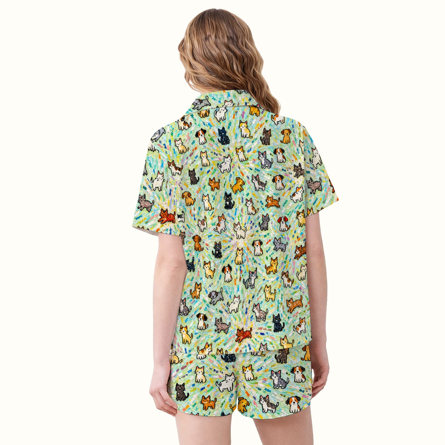 Colorful Cats Dogs Doodle Pattern Pajama Set, Soft Breathable Fabric Comfortable Sleepwear