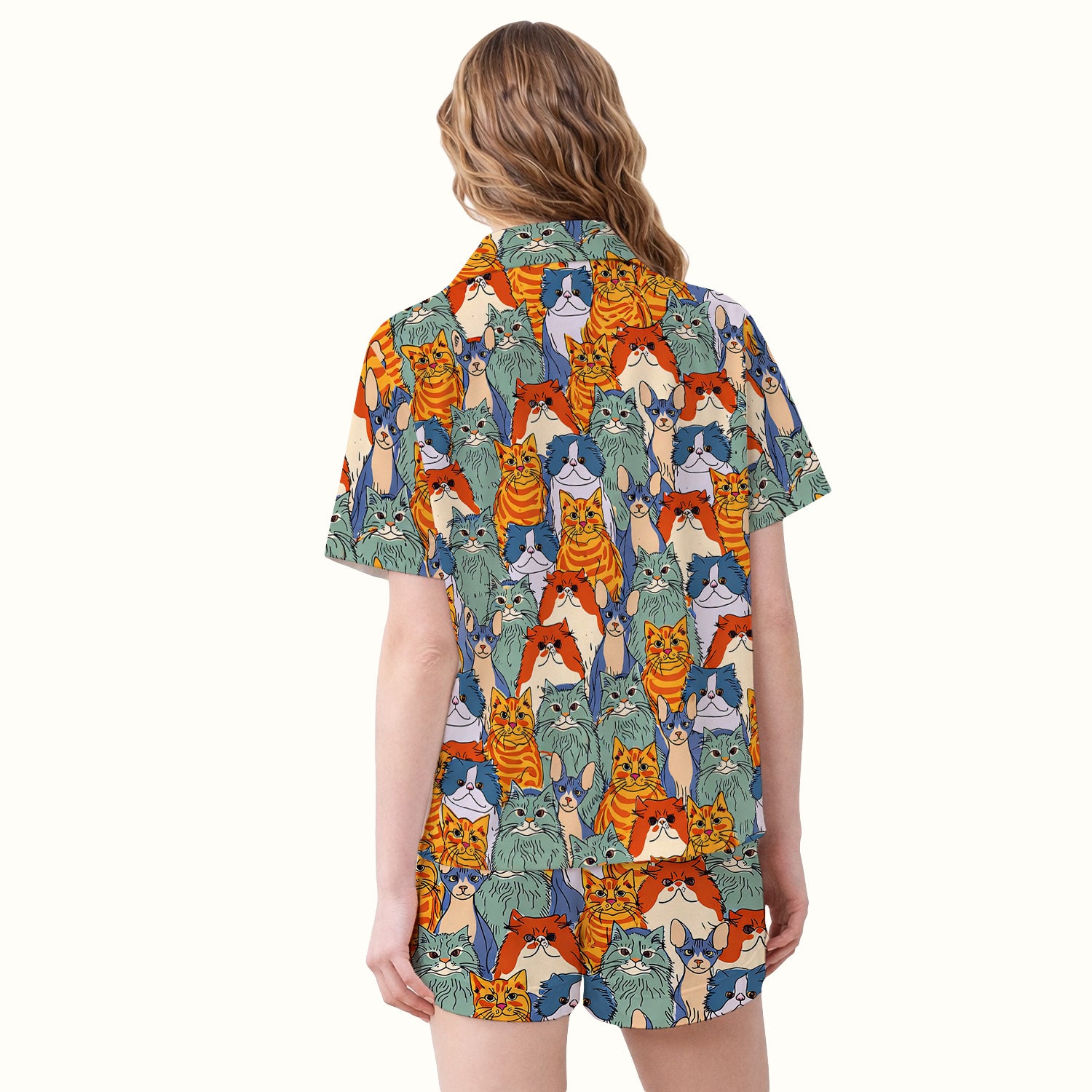Cute Multicolor Cat Faces Illustration Pattern Pajama Set, Soft Breathable Fabric Comfortable Sleepwear