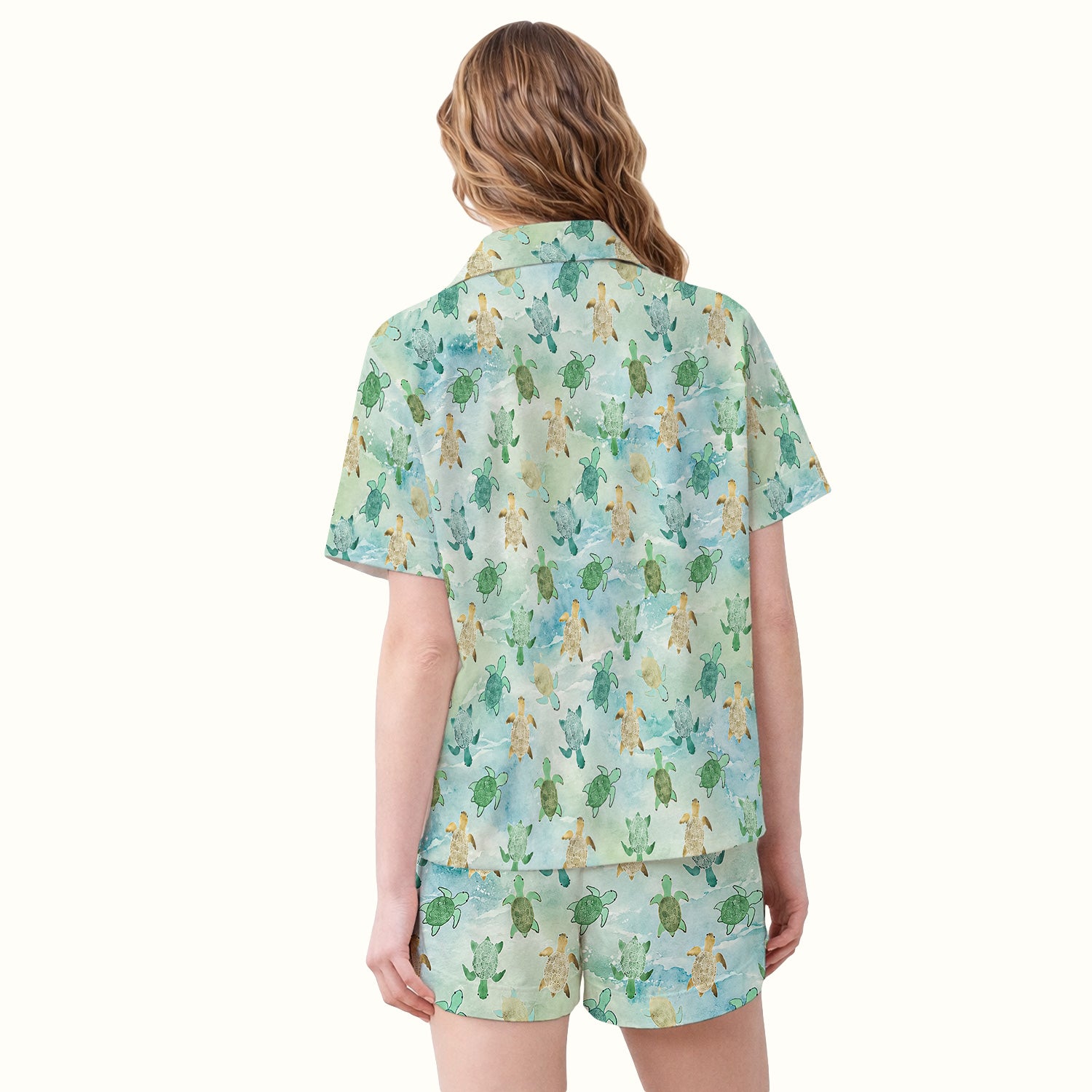 Watercolor Sea Turtle Pattern Pajama Set, Soft Breathable Fabric Comfortable Sleepwear