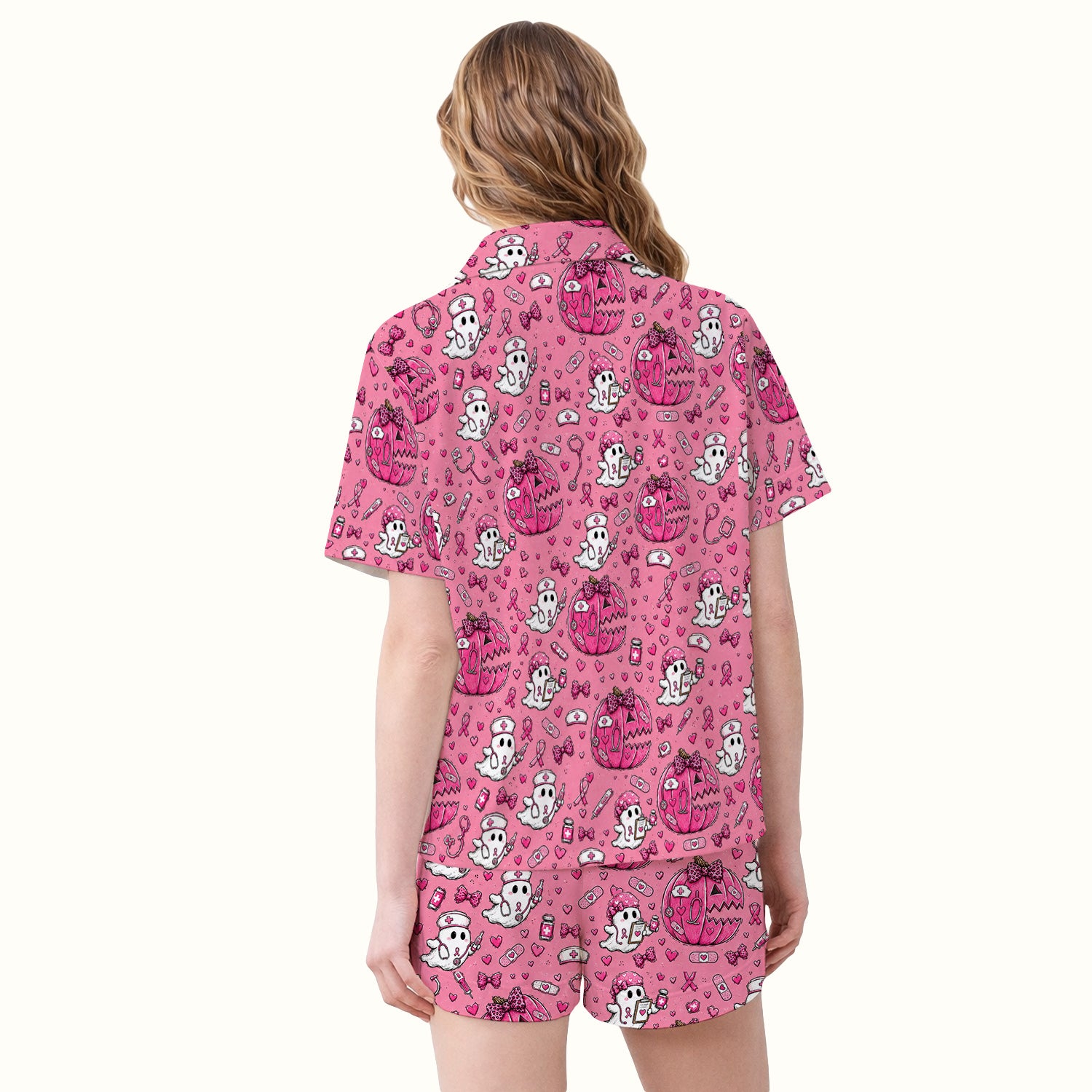 Pink Ribbon Ghost Pattern Pajama Set, Soft Breathable Fabric Comfortable Sleepwear