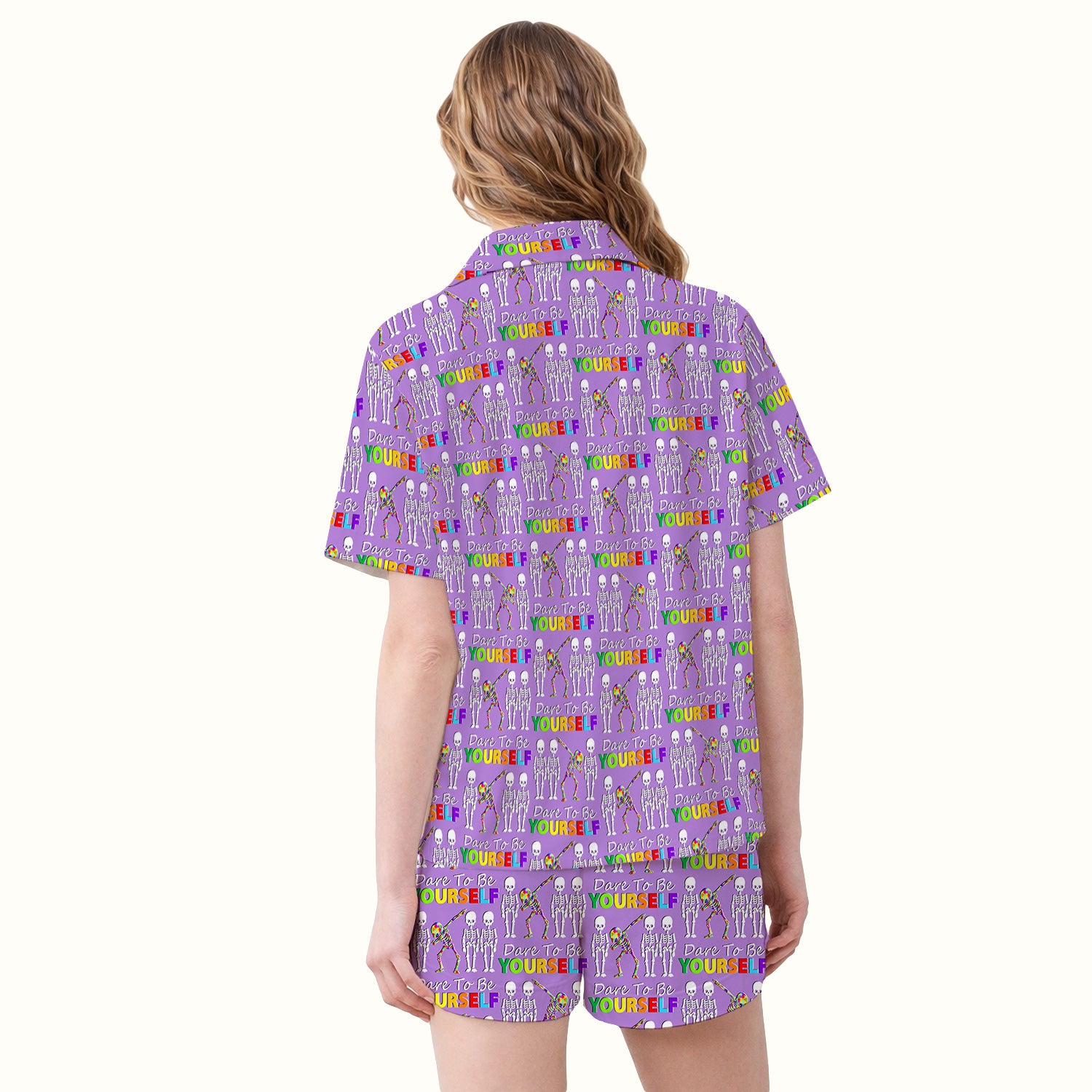 Rainbow Skeleton Dare To Be Yourself Pattern Pajama Set, Breathable Fabrics Uniform