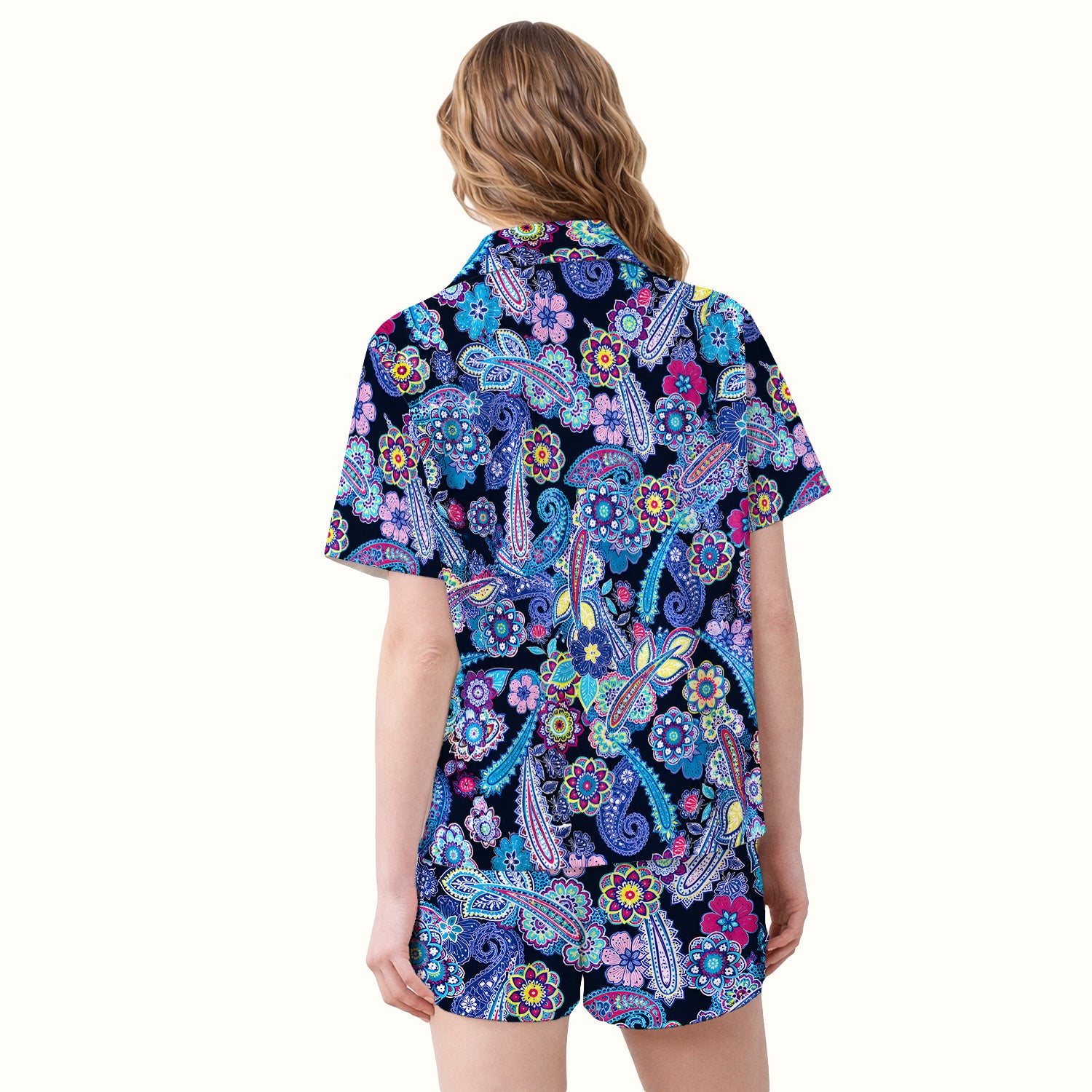 Vibrant Paisley Floral Pattern Pajama Set, Soft Breathable Fabric Comfortable Sleepwear