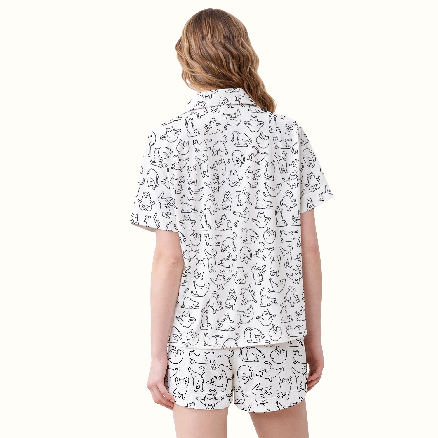 Cute Cat Outline Playing Pattern Pajama Set, Soft Breathable Fabric Comfortable Sleepwear