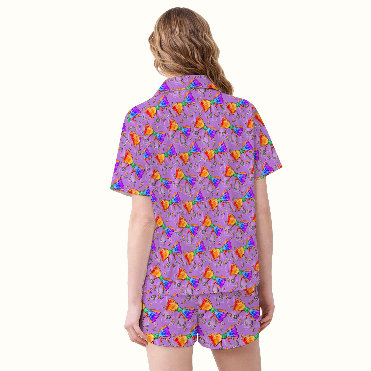Colorful Rainbow Bow Stethoscope Pattern Pajama Set, Breathable Fabrics Uniform
