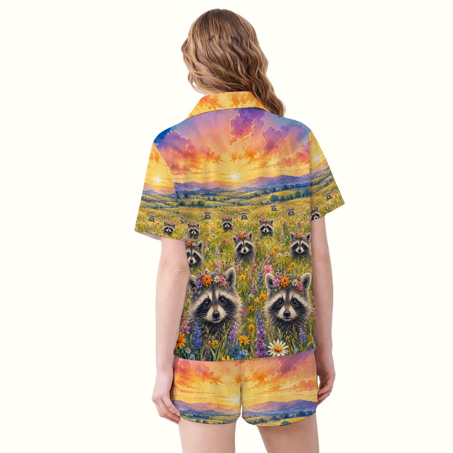 Floral Raccoon Meadow Veterinary Nurse Pattern Pajama Set, Soft Breathable Fabric Comfortable Sleepwear