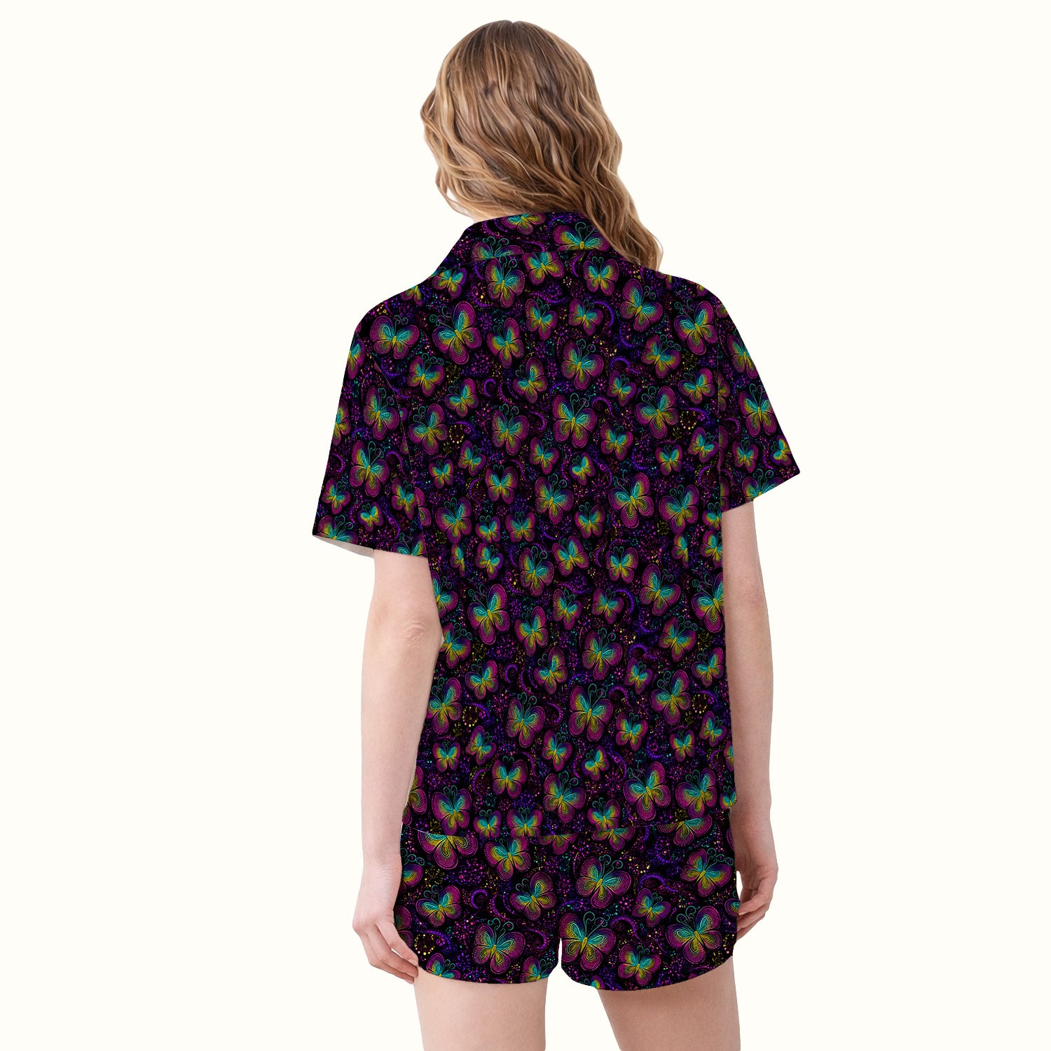Cute Neon Butterfly Swirl Pattern Pajama Set, Soft Breathable Fabric Comfortable Sleepwear