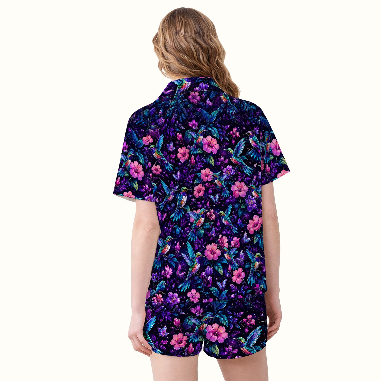Vibrant Hummingbird Hibiscus Blossom Pattern Pajama Set, Soft Breathable Fabric Comfortable Sleepwear