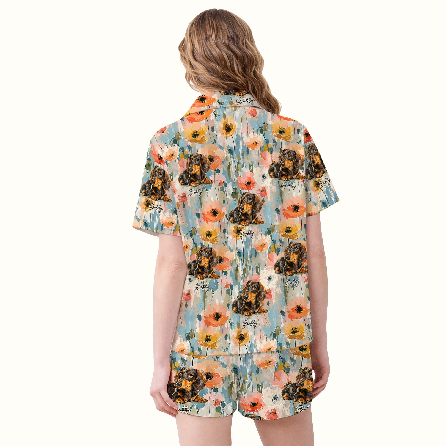 Personalized Dachshund Floral Portrait Pattern Pajama Set, Soft Breathable Fabric Comfortable Sleepwear
