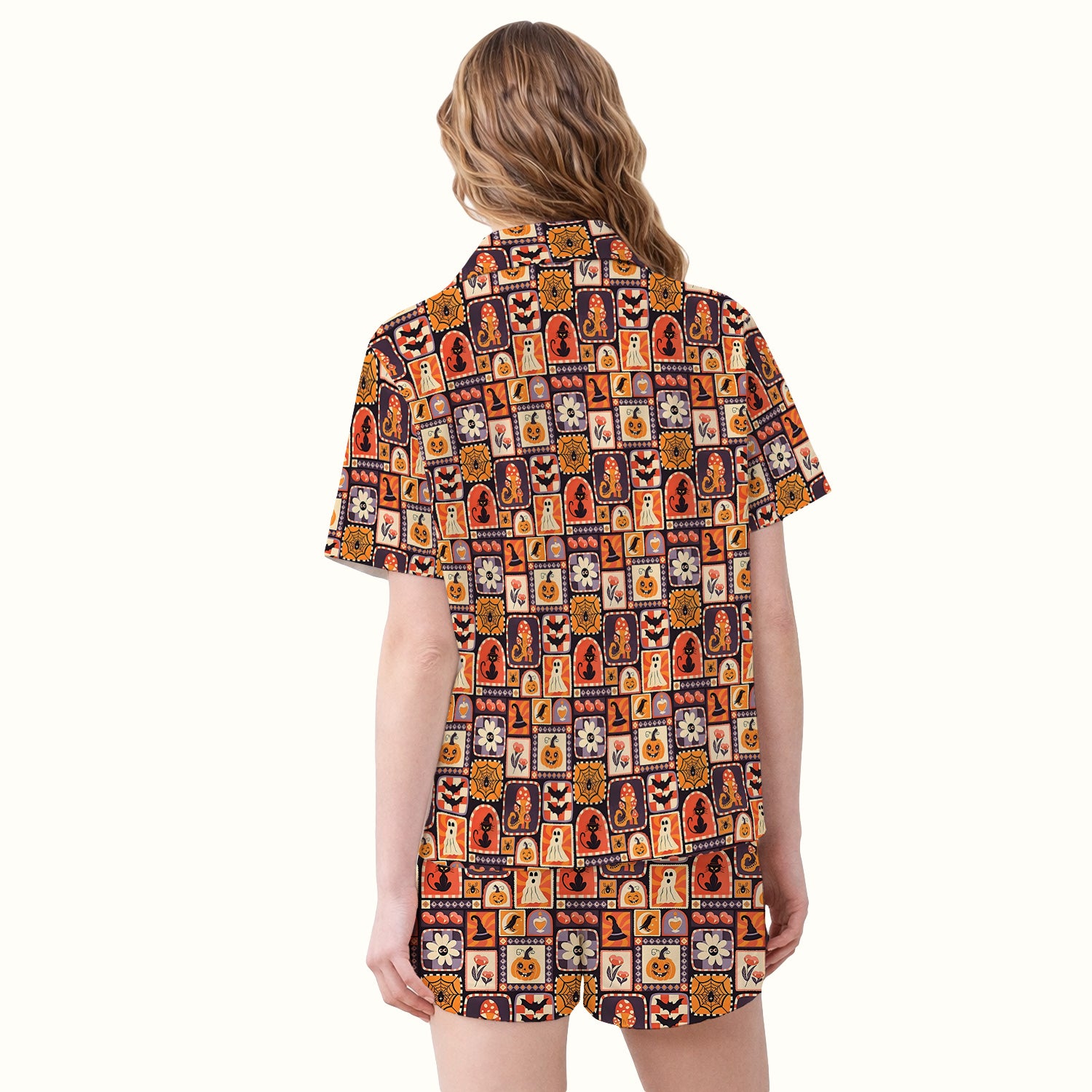 Retro Halloween Patchwork Icons Pajama Set, Soft Breathable Fabric Comfortable Sleepwear