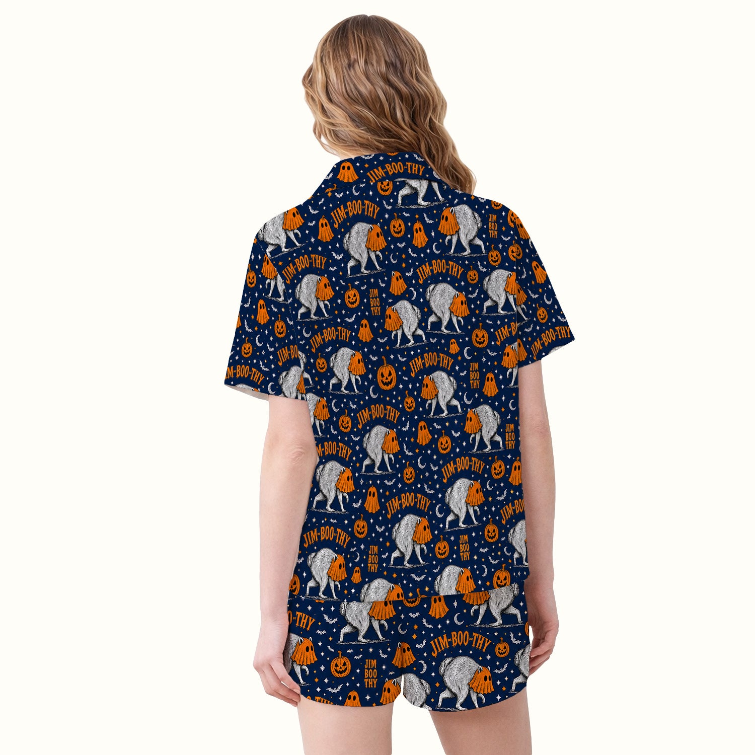 Funny Halloween Ghost Jimothy Pattern Pajama Set, Soft Breathable Fabric Comfortable Sleepwear