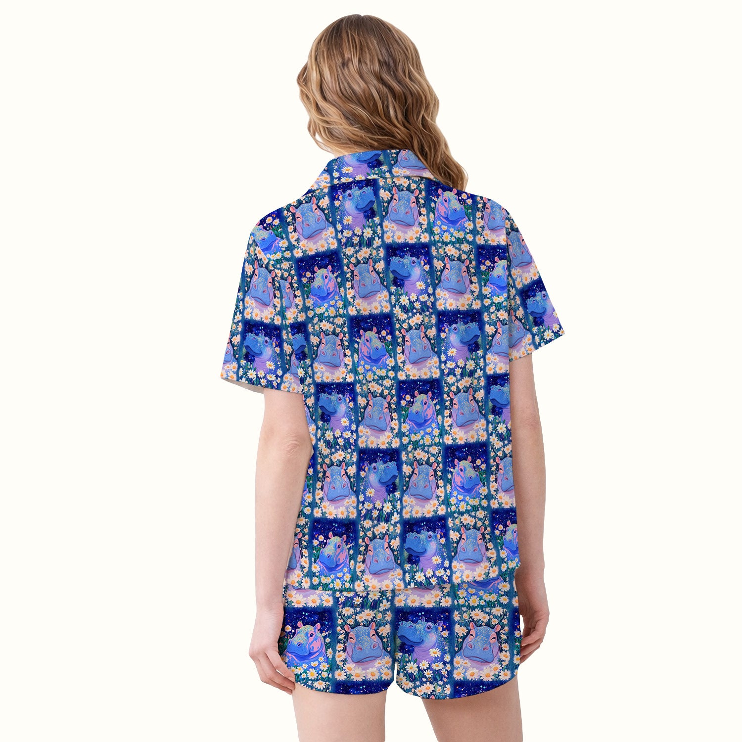 Cute Hippo Daisy Floral Patchwork Pajama Set, Breathable Fabrics Uniform