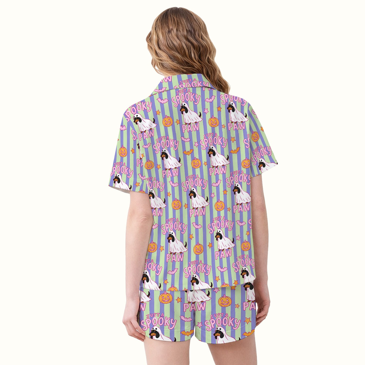 Just A Spooky Dachshund Paw Print Pajama Set, Soft Breathable Fabric Comfortable Sleepwear