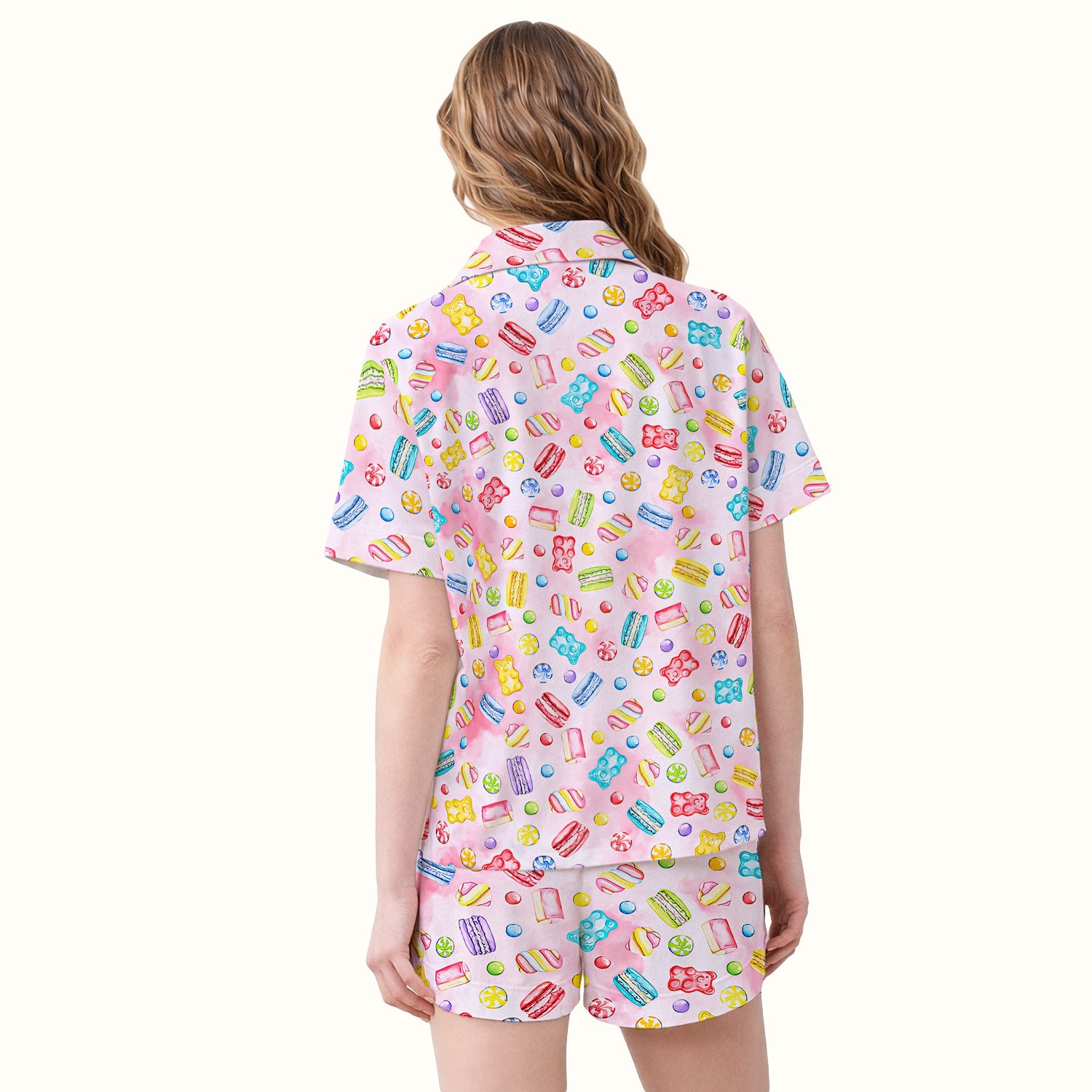 Cute Candy and Macaron Pattern Pajama Set,  Breathable Fabrics Uniform