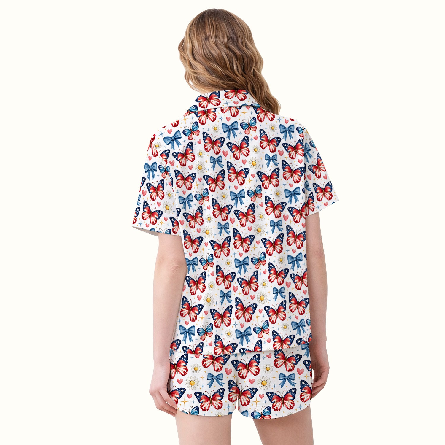 Patriotic Butterfly Bow Daisy Pattern Pajama Set, Soft Breathable Fabric Comfortable Sleepwear