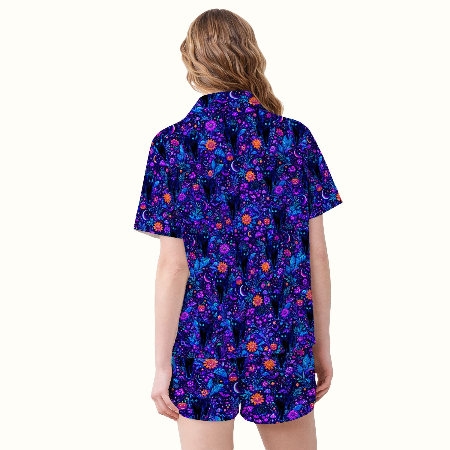 Halloween Black Cat Floral Print Pajama Set, Soft Breathable Fabric Comfortable Sleepwear
