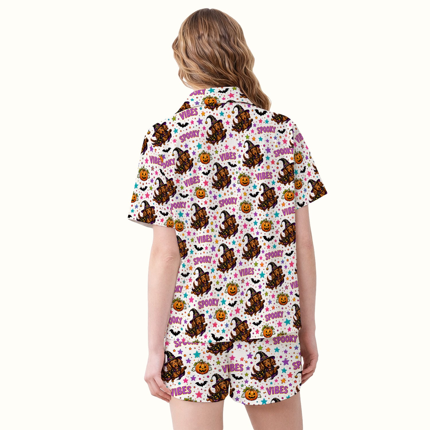 Spooky Dachshund Vibes Print Pajama Set, Soft Breathable Fabric Comfortable Sleepwear