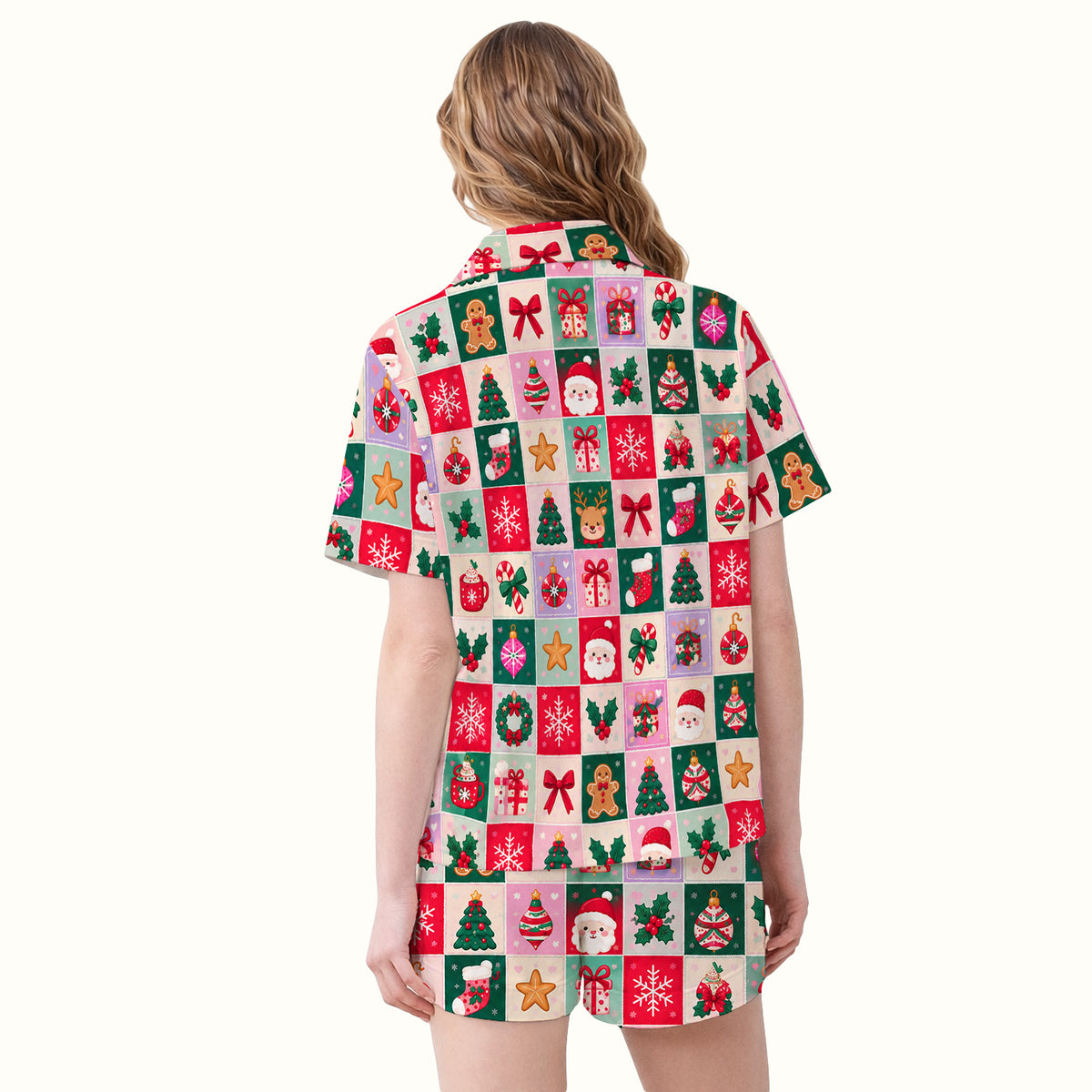 Cute Christmas Santa Patchwork Pajama Set, Soft Breathable Fabric Comfortable Sleepwear