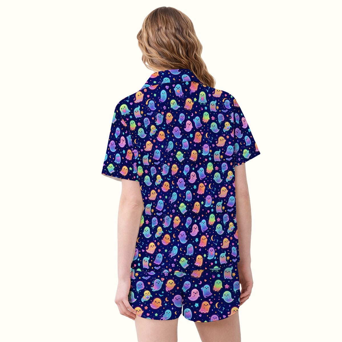 Cute Neon Halloween Ghosts Pattern Pajama Set, Soft Breathable Fabric Comfortable Sleepwear