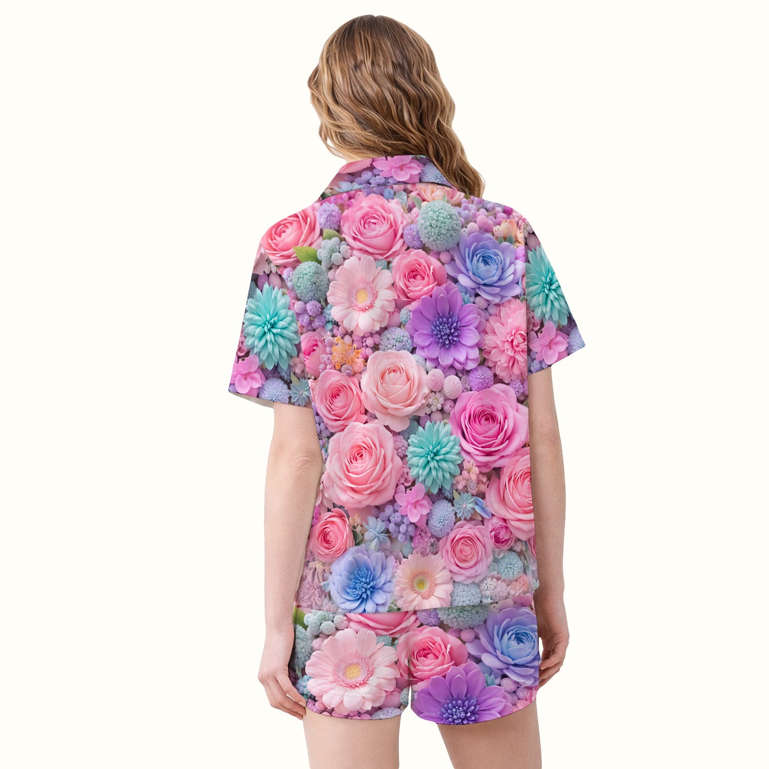 Pastel Floral Pink Rose & Candy Color Pajama Set, Soft Breathable Sleepwear