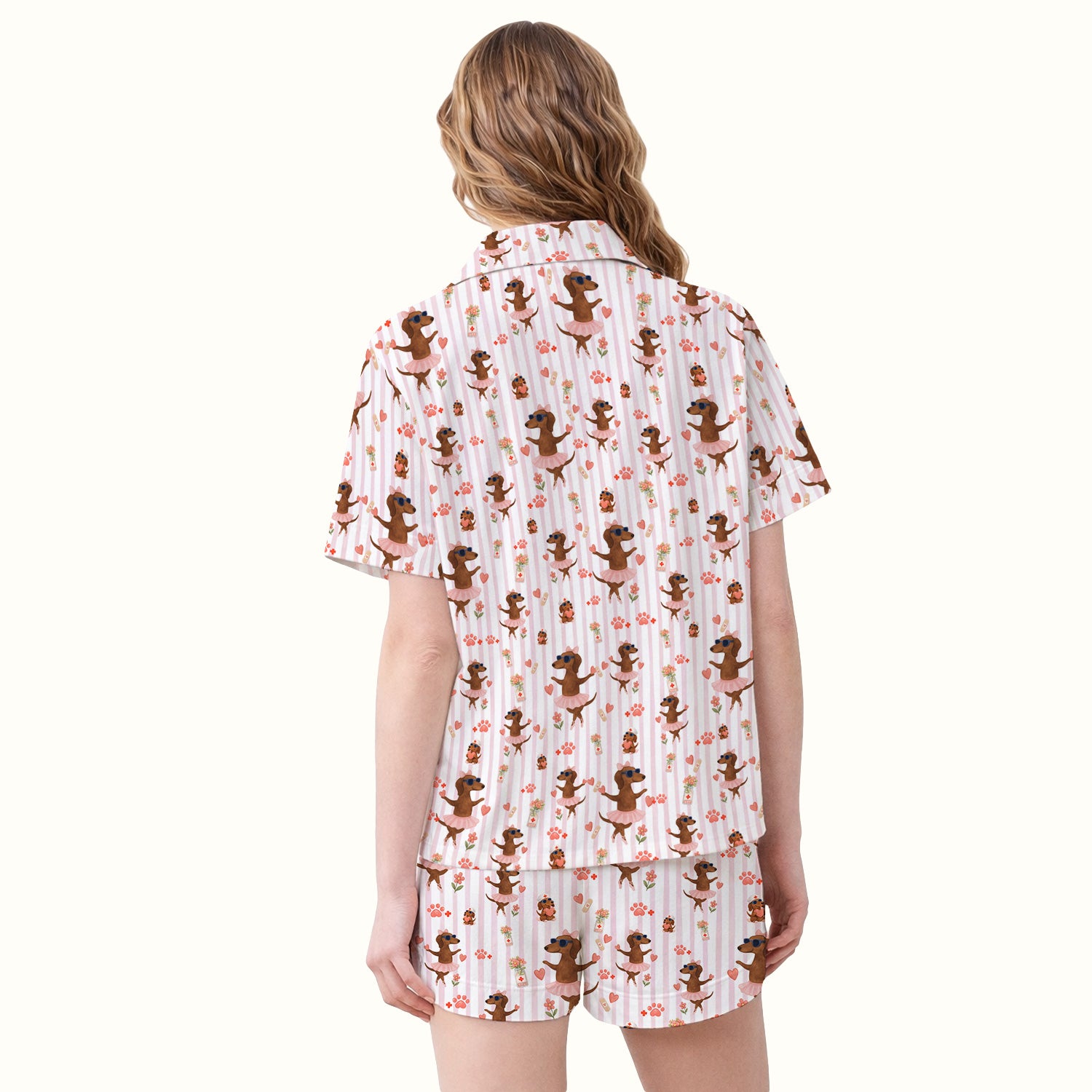 Cute Dachshund Dog Ballet Tutu Hearts Pattern Pajama Set, Soft Breathable Fabric Comfortable Sleepwear