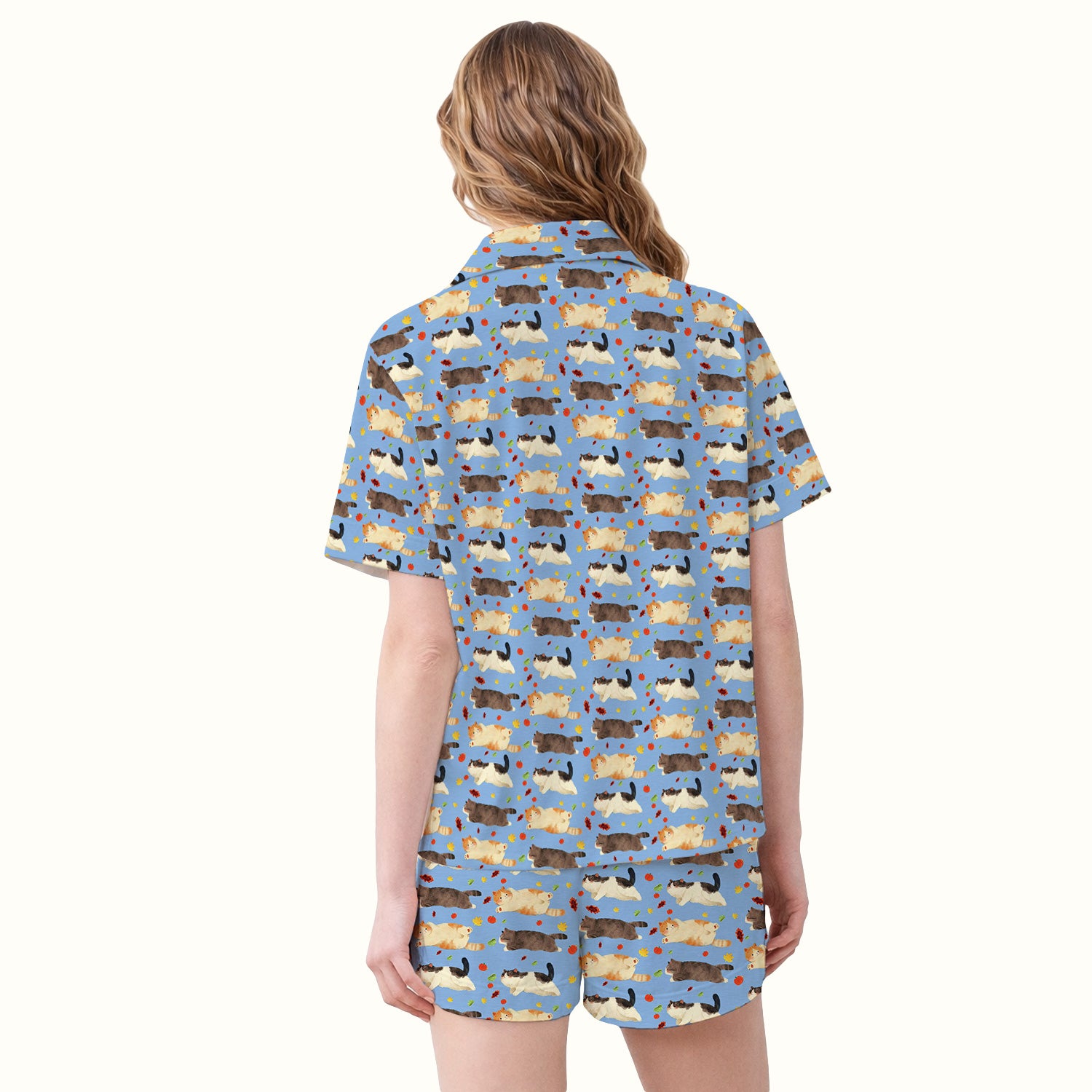 Chubby Cat Autumn Leaves Print Pajama Set, Breathable Fabrics Uniform