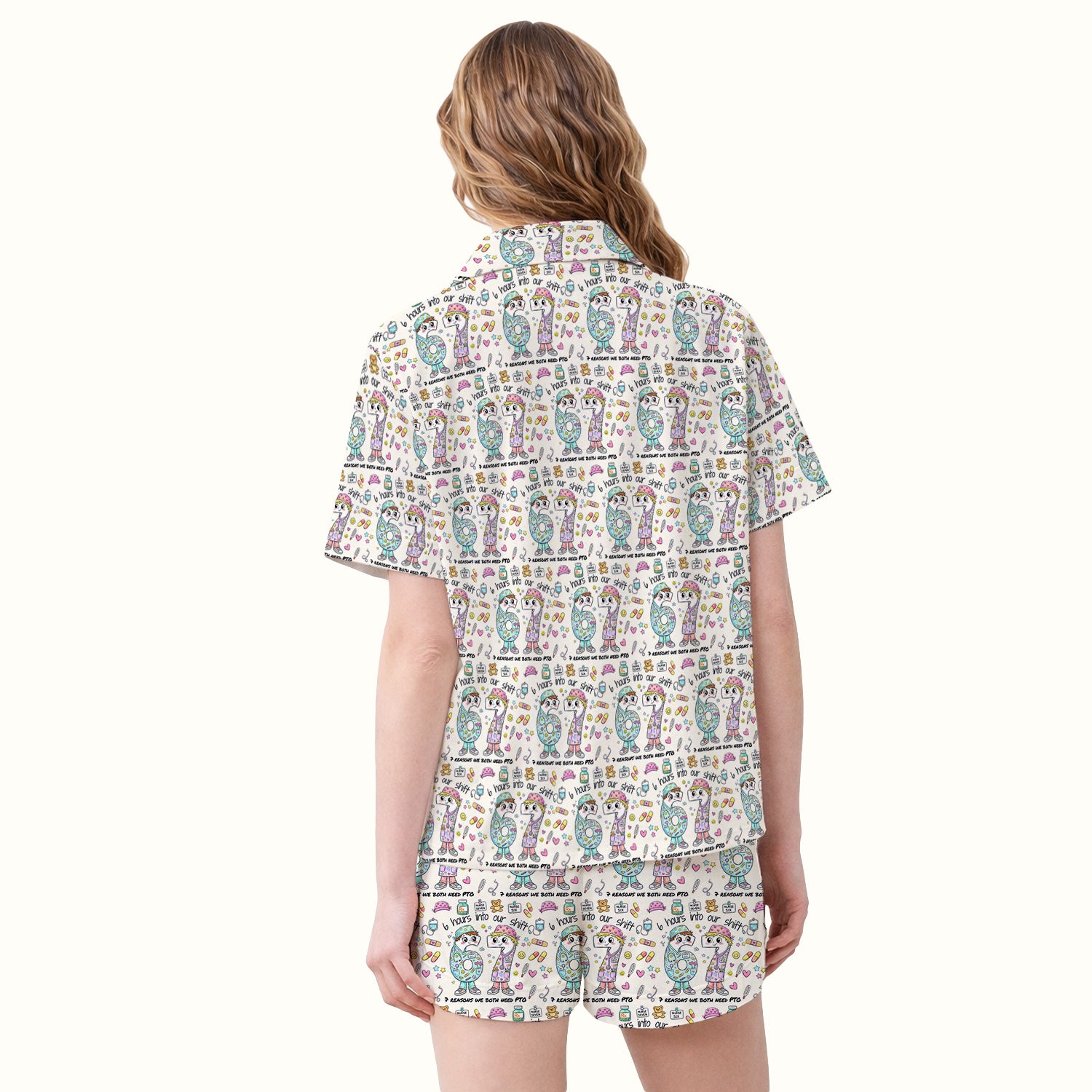 Cartoon Characters Six Hours Into Shift With Medical Doodle Pajama Set, Breathable Fabrics Uniform