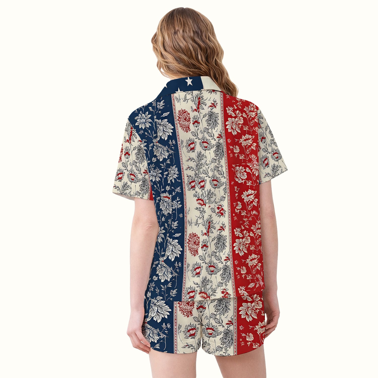 Patriotic Nurse Flag Patchwork Pattern Pajama Set, Soft Breathable Fabric Comfortable Sleepwear