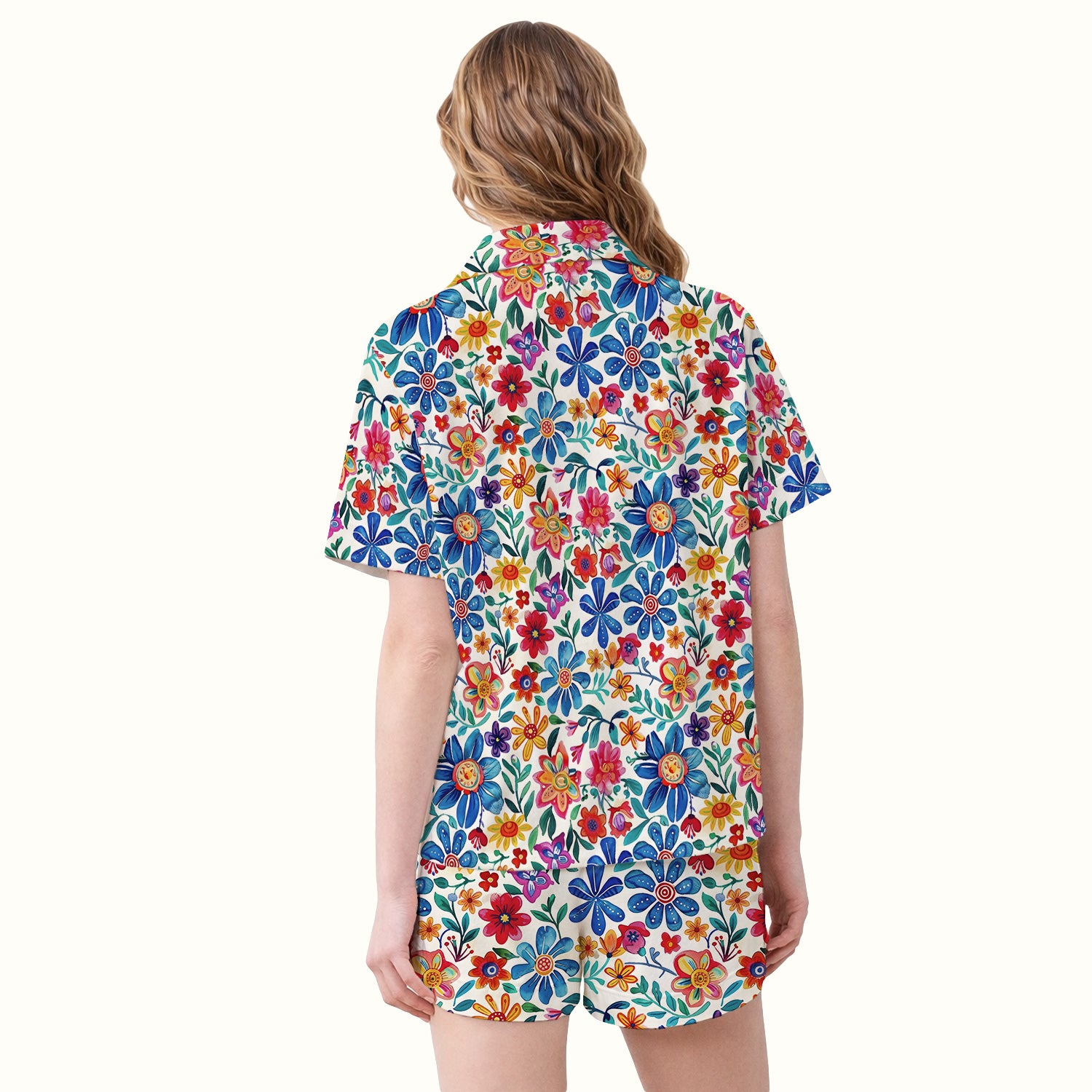 Colorful Folk Floral Print Pajama Set, Soft Breathable Fabric Comfortable Sleepwear