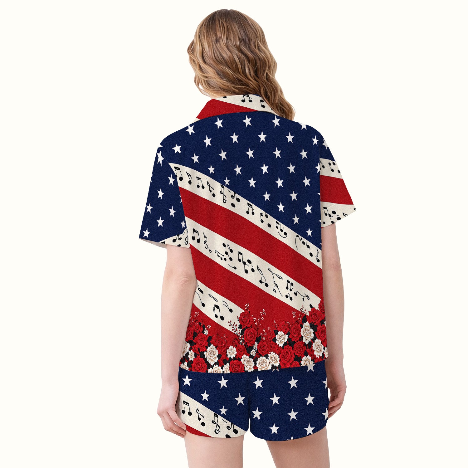 Patriotic Music Notes Nurse Scrub Top for RN, CNA, Healthcare Workers, Floral USA Uniform Pajama Set, Soft Breathable Fabric Comfortable Sleepwear