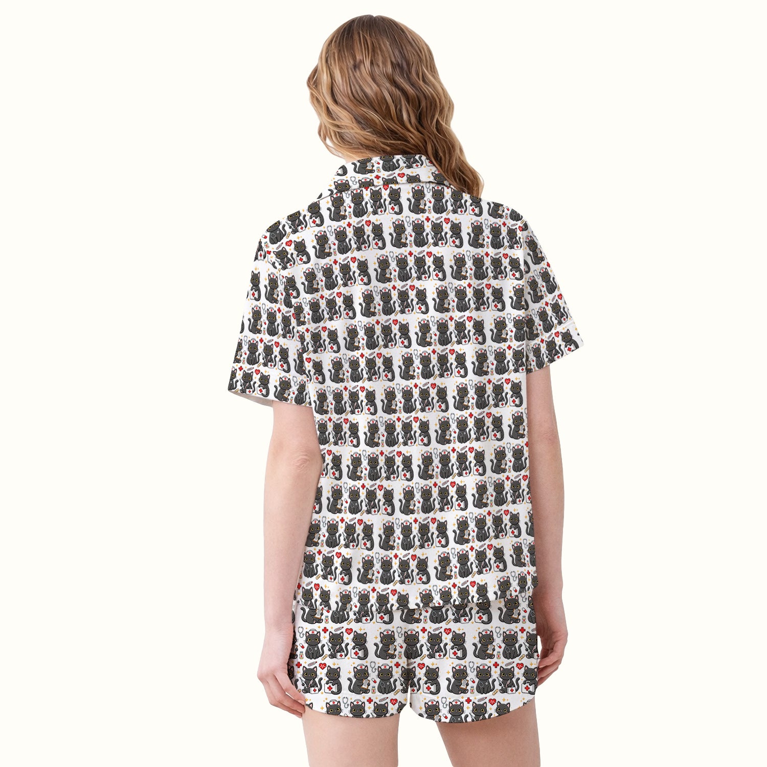 Black Cat Nurse Medical Icons Pajama Set, Soft Breathable Fabric Comfortable Sleepwear