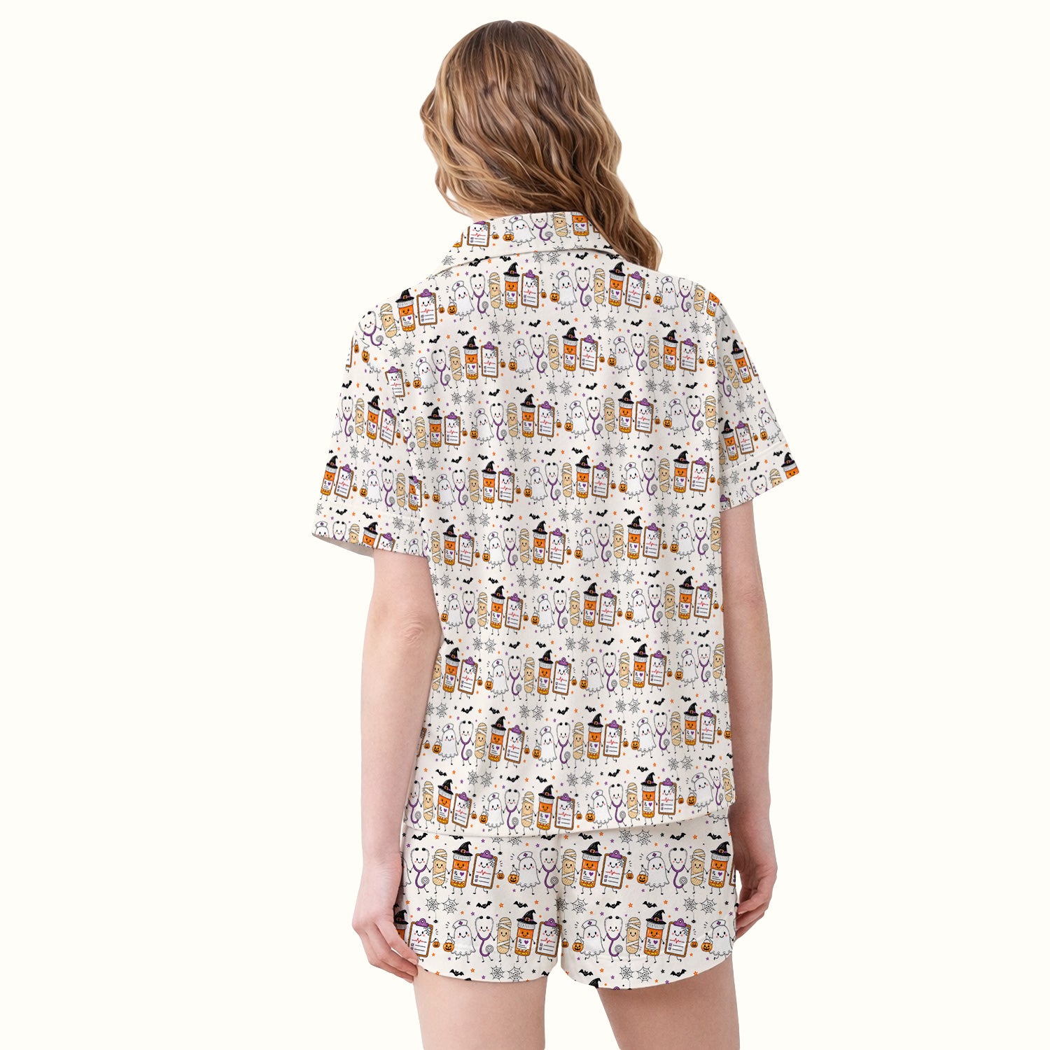 Halloween Medical Characters Print Pajama Set, Soft Breathable Fabric Comfortable Sleepwear