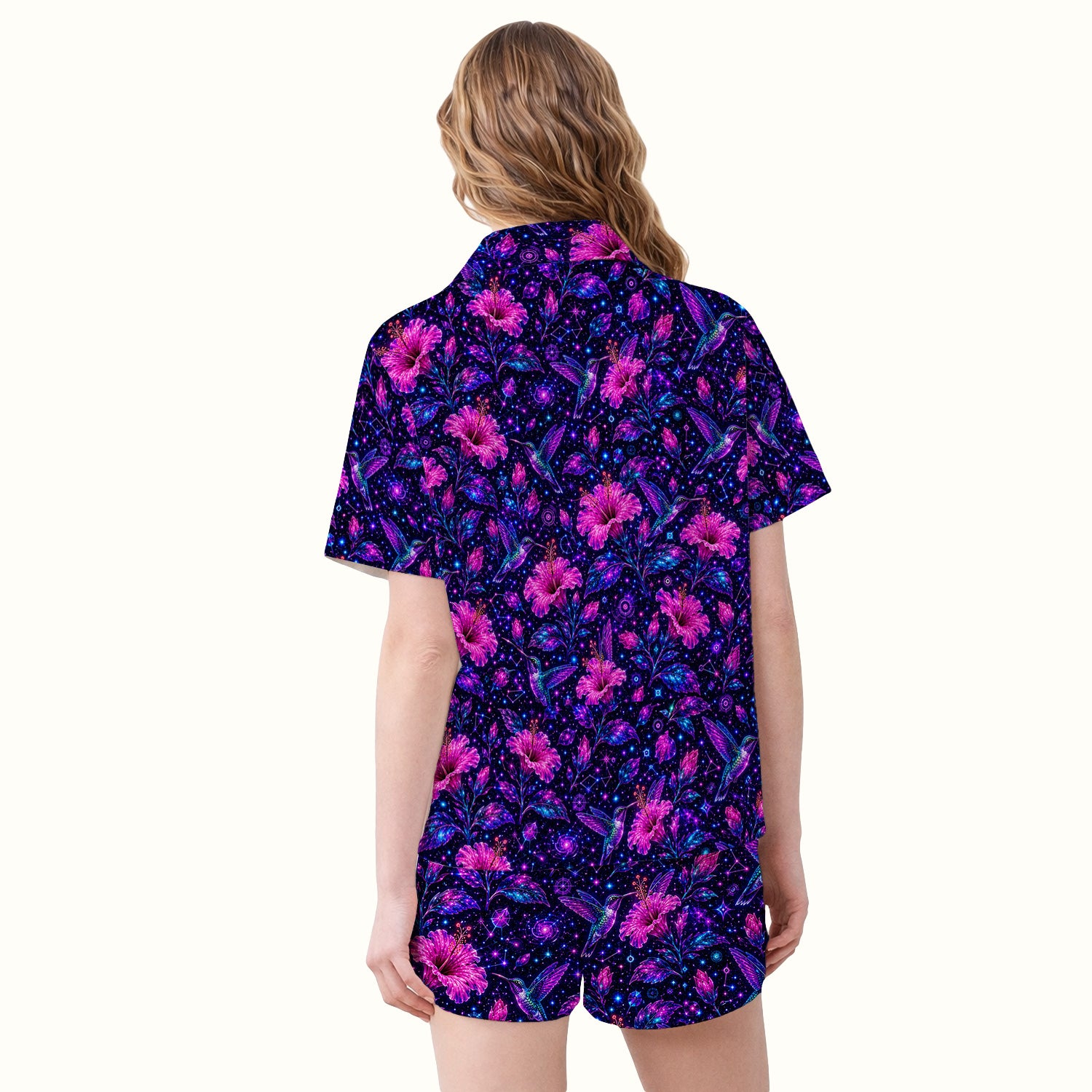 Galaxy Floral Hummingbird Nurse Pattern Pajama Set, Soft Breathable Fabric Comfortable Sleepwear