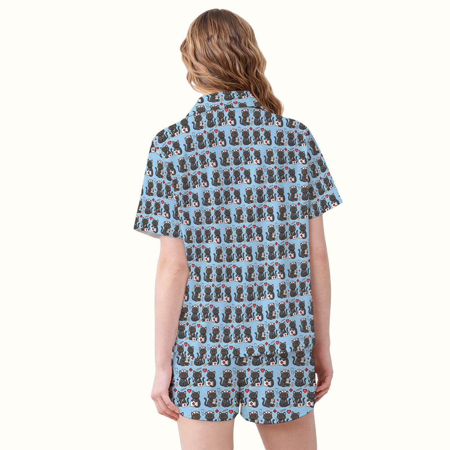 Black Cat Nurse Medical Icons Pajama Set, Soft Breathable Fabric Comfortable Sleepwear