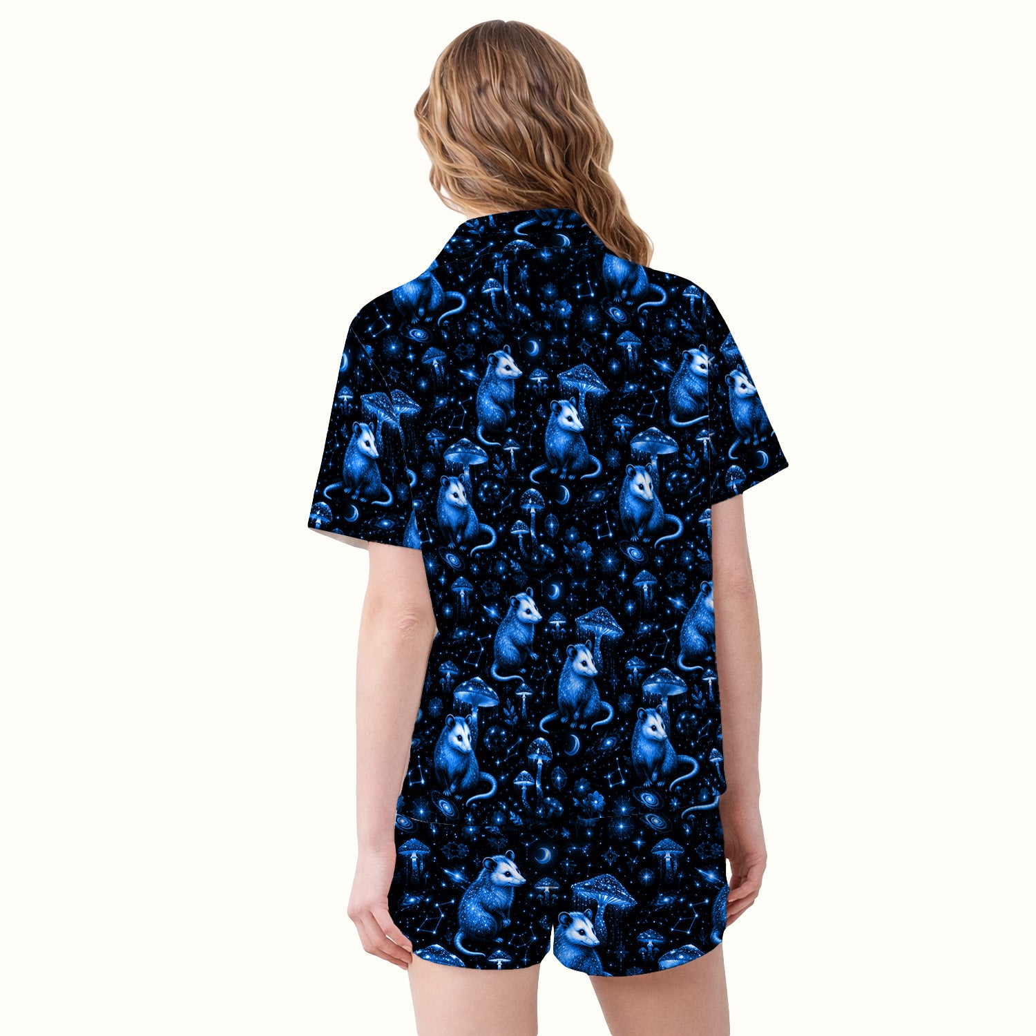 Celestial Blue Opossum With Mushroom Pattern Pajama Set, Soft Breathable Fabric Comfortable Sleepwear