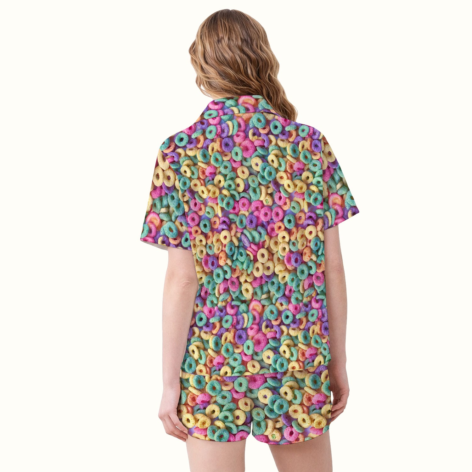 Colorful Cereal Loops Pattern Pajama Set, Soft Breathable Fabric Comfortable Sleepwear