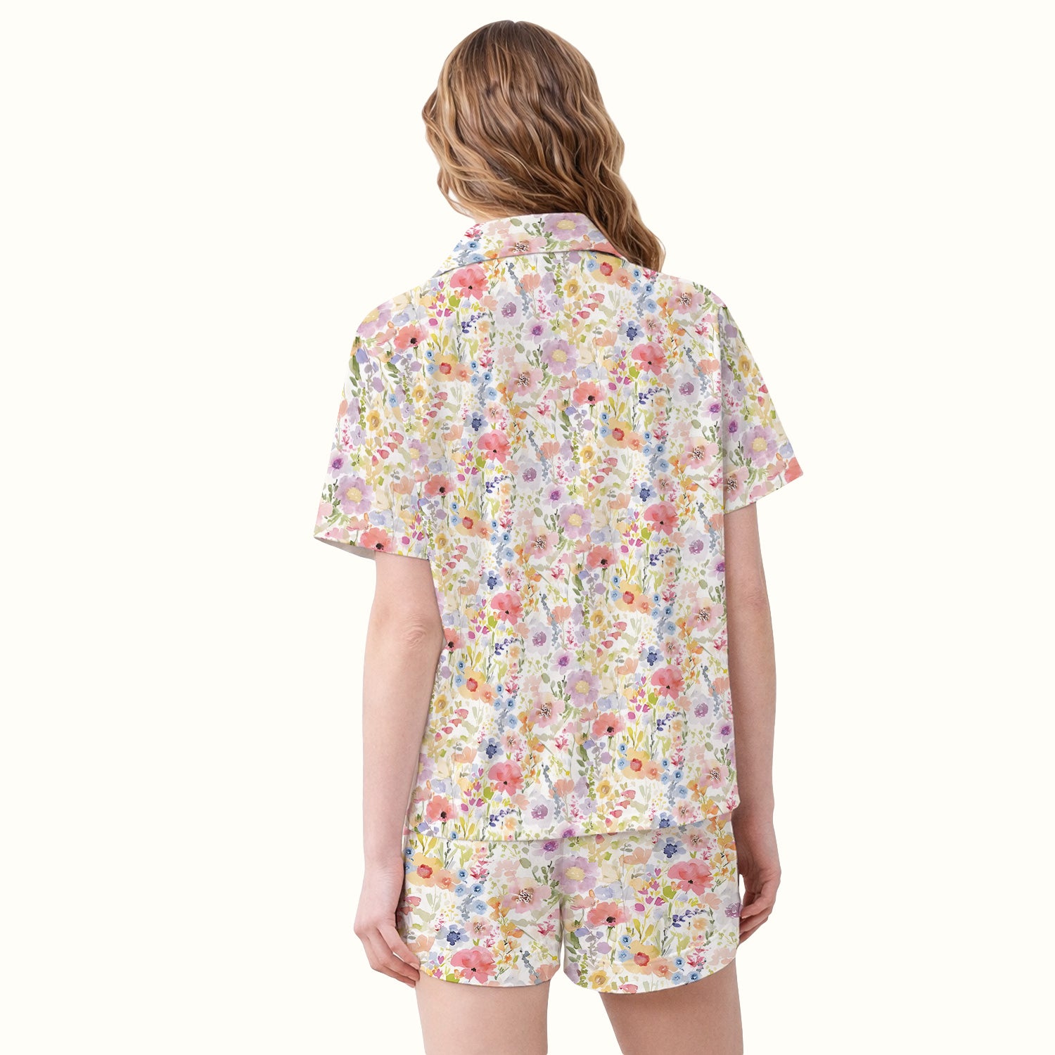 Pastel Watercolor Floral Print Pajama Set, Soft Breathable Fabric Comfortable Sleepwear