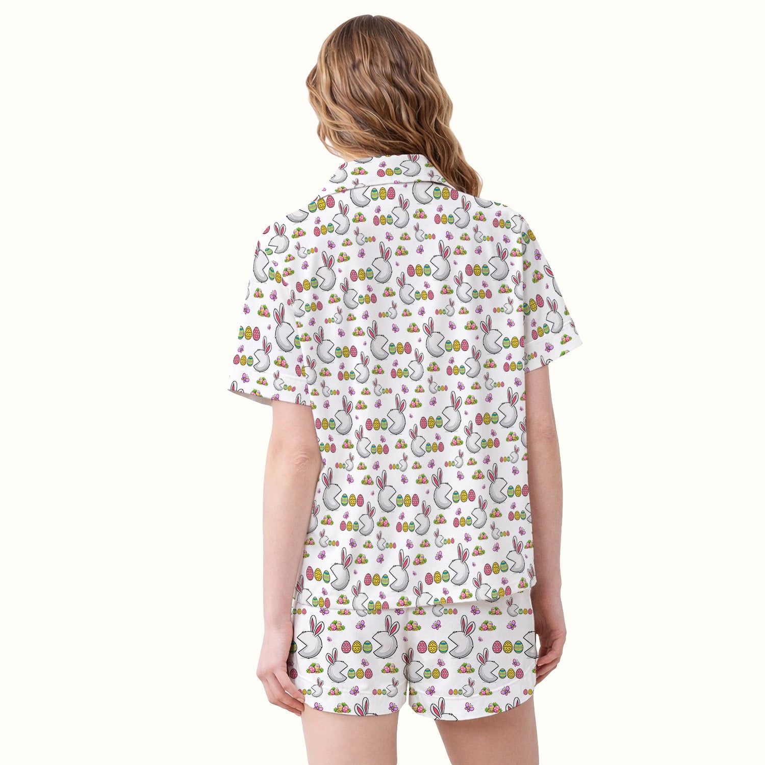 Easter Bunny and Colorful Eggs Print  Pajama Set, Breathable Fabrics Uniform