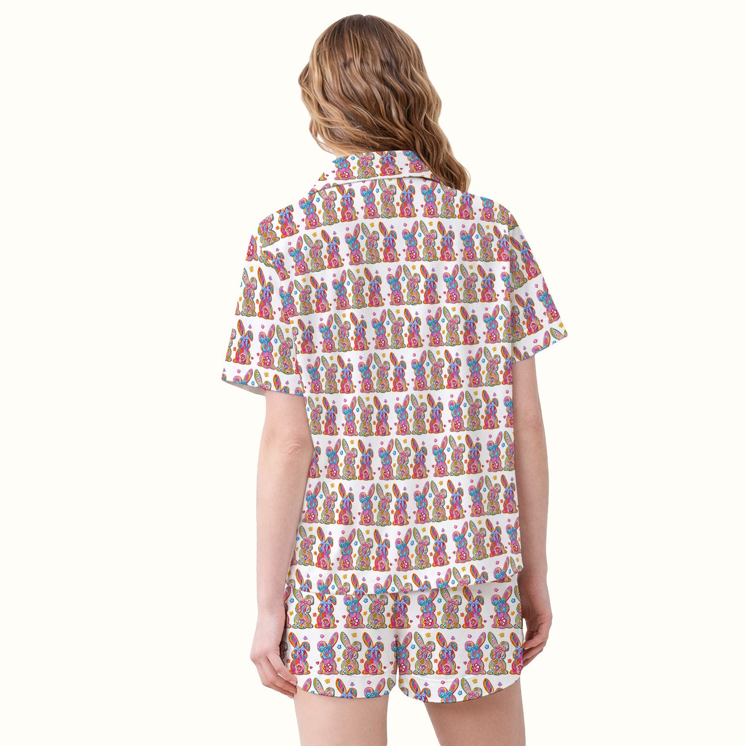 Cute Pastel Bunny Floral Pattern Pajama Set, Breathable Fabrics Uniform