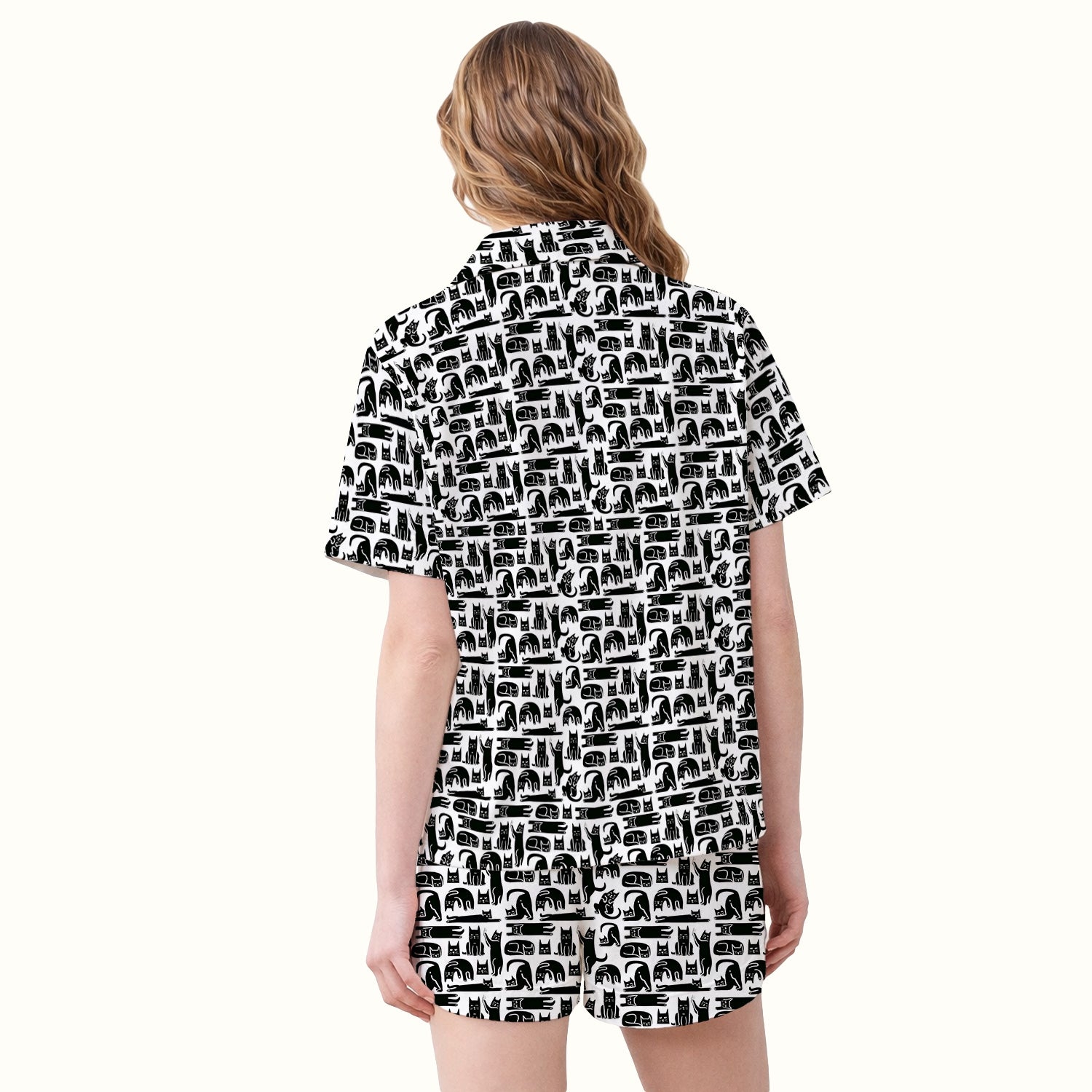Cute Funny Cat Poses Print Pajama Set, Breathable Fabrics Uniform
