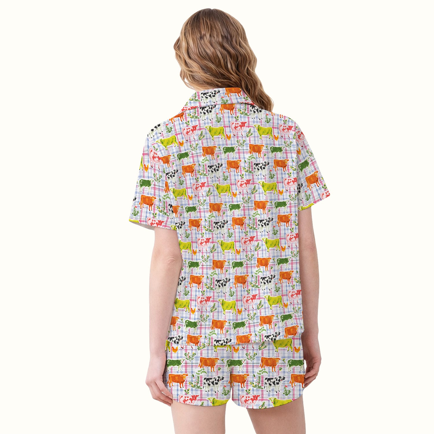 Colorful Farm Cow Plaid Print Pajama Set, Soft Breathable Fabric Comfortable Sleepwear